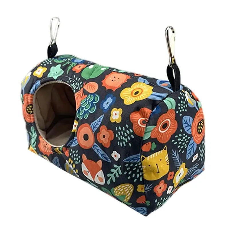 Decorbites™ cozy hanging hammock for small pets in dark blue fabric with vibrant floral and animal print perfect as a warm bird or parrot nest hammock