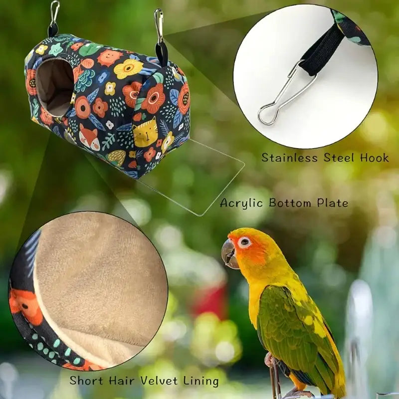 Decorbites™ cozy hanging hammock for small pets with floral fabric, velvet lining, and stainless steel hooks for warm bird use