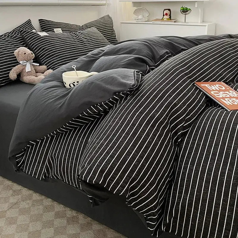Decorbites cozy nordic plaid 1pc duvet cover set in black and white vertical stripes with soft textured fabric finish