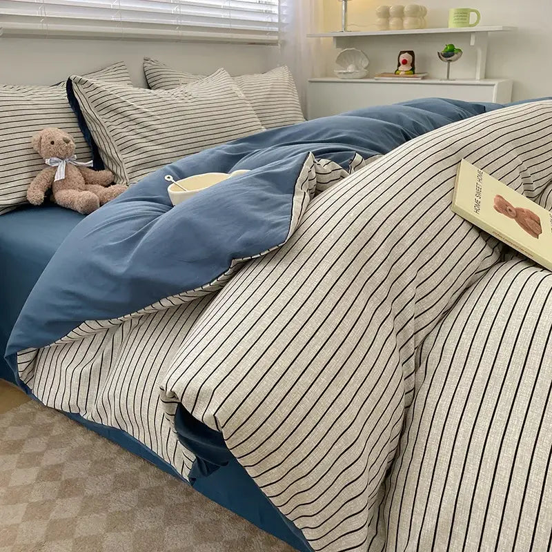 Decorbites cozy nordic plaid queen king size bedding set with blue cream striped 1pc duvet cover and 1pc flat sheet