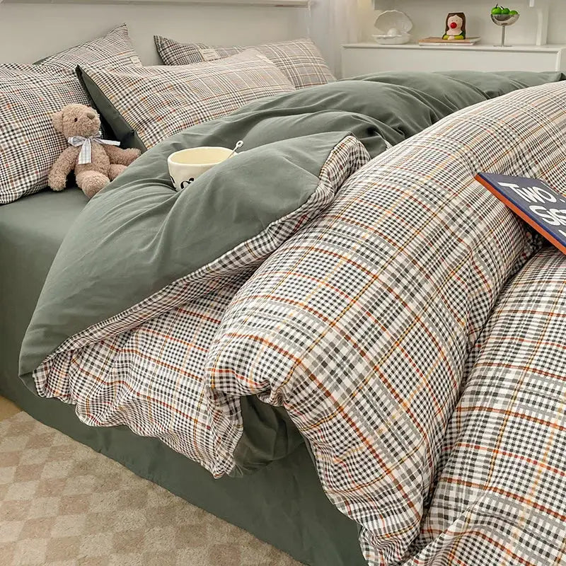 Decorbites cozy Nordic plaid bedding set queen king size 1pc duvet cover 1pc flat sheet in muted green and beige tones