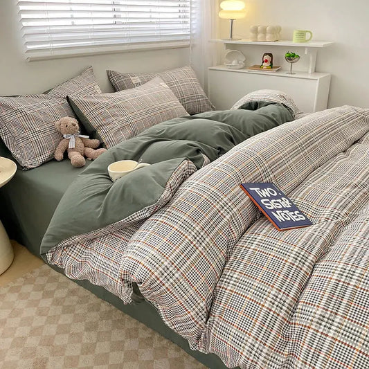 Decorbites cozy nordic plaid bedding set queen king size with muted green plaid 1pc duvet cover and 1pc flat sheet