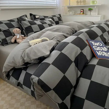 Gray and black checkered nordic plaid bedding set featuring 1pc duvet cover and 1pc flat sheet in queen king size