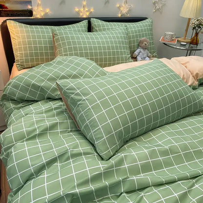 DecorBites™ cozy nordic plaid bedding set queen king size 1pc duvet cover 1pc flat sheet soft quilted green white grid pattern
