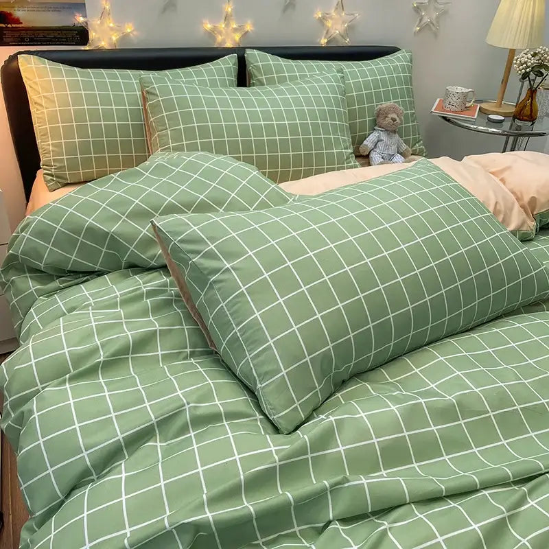 DecorBites™ cozy nordic plaid bedding set queen king size 1pc duvet cover 1pc flat sheet soft quilted green white grid pattern
