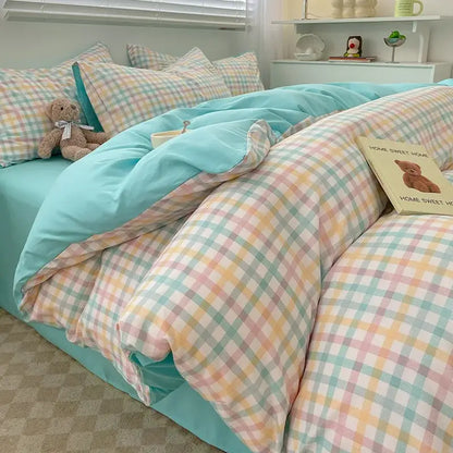 DecorBites™ cozy nordic plaid 1pc duvet cover with quilted pastel mint green and peach checkered design for queen king size