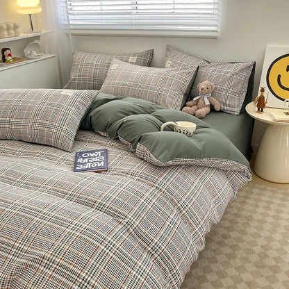 Decorbites™ cozy nordic plaid bedding set queen king size with muted green 1pc duvet cover and 1pc flat sheet