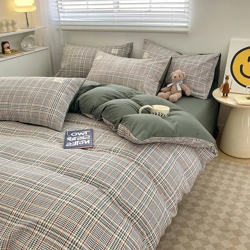 Decorbites™ cozy nordic plaid bedding set queen king size with muted green 1pc duvet cover and 1pc flat sheet