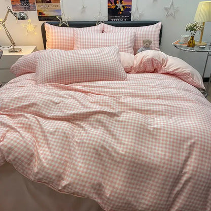 Decorbites™ cozy nordic plaid bedding set queen king size in pink and white gingham 1pc duvet cover 1pc flat sheet