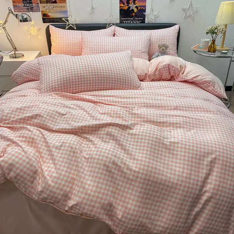 Decorbites™ cozy nordic plaid bedding set queen king size in pink and white gingham 1pc duvet cover 1pc flat sheet