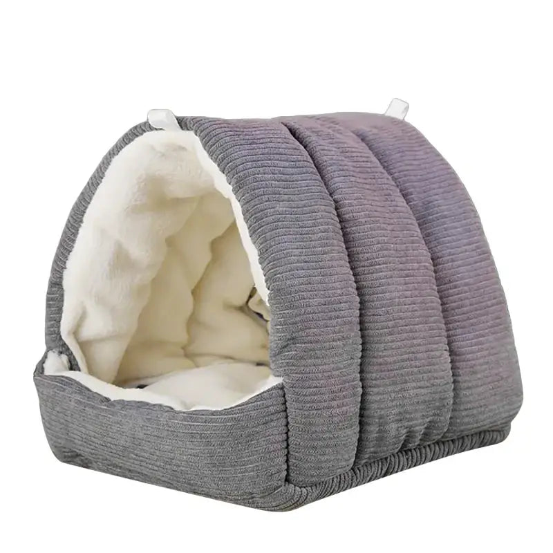 Decorbites cozy parrot cage hanging hut bed in gray corduroy with plush cream interior for bird cage parrot use
