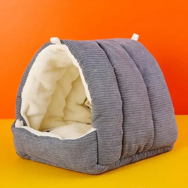 Decorbites cozy parrot cage hanging hut bed in gray corduroy with soft cream fleece interior for bird cage parrot use
