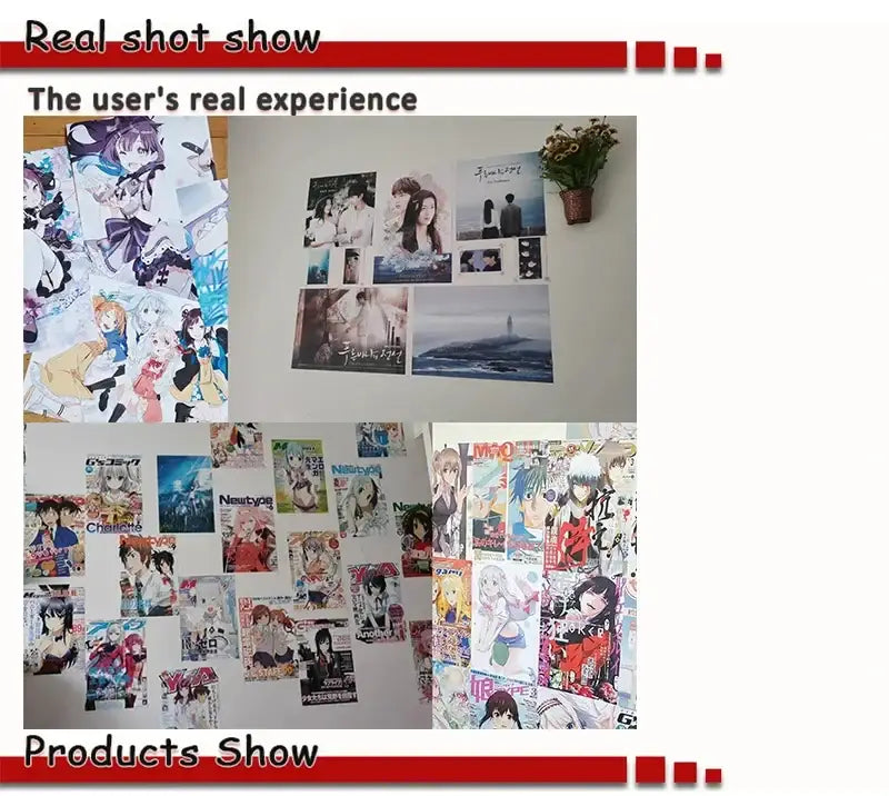 A collection of colorful anime and manga posters displayed on a wall featuring decorbites cr7 self-adhesive art posters for home decor