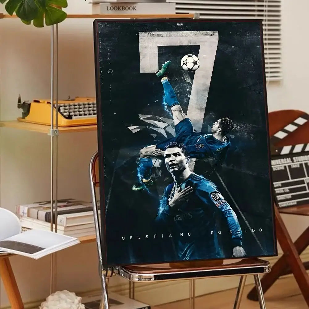 Dark blue framed decorbites™ cr7 self-adhesive art poster featuring cristiano ronaldo action graphic for home decor