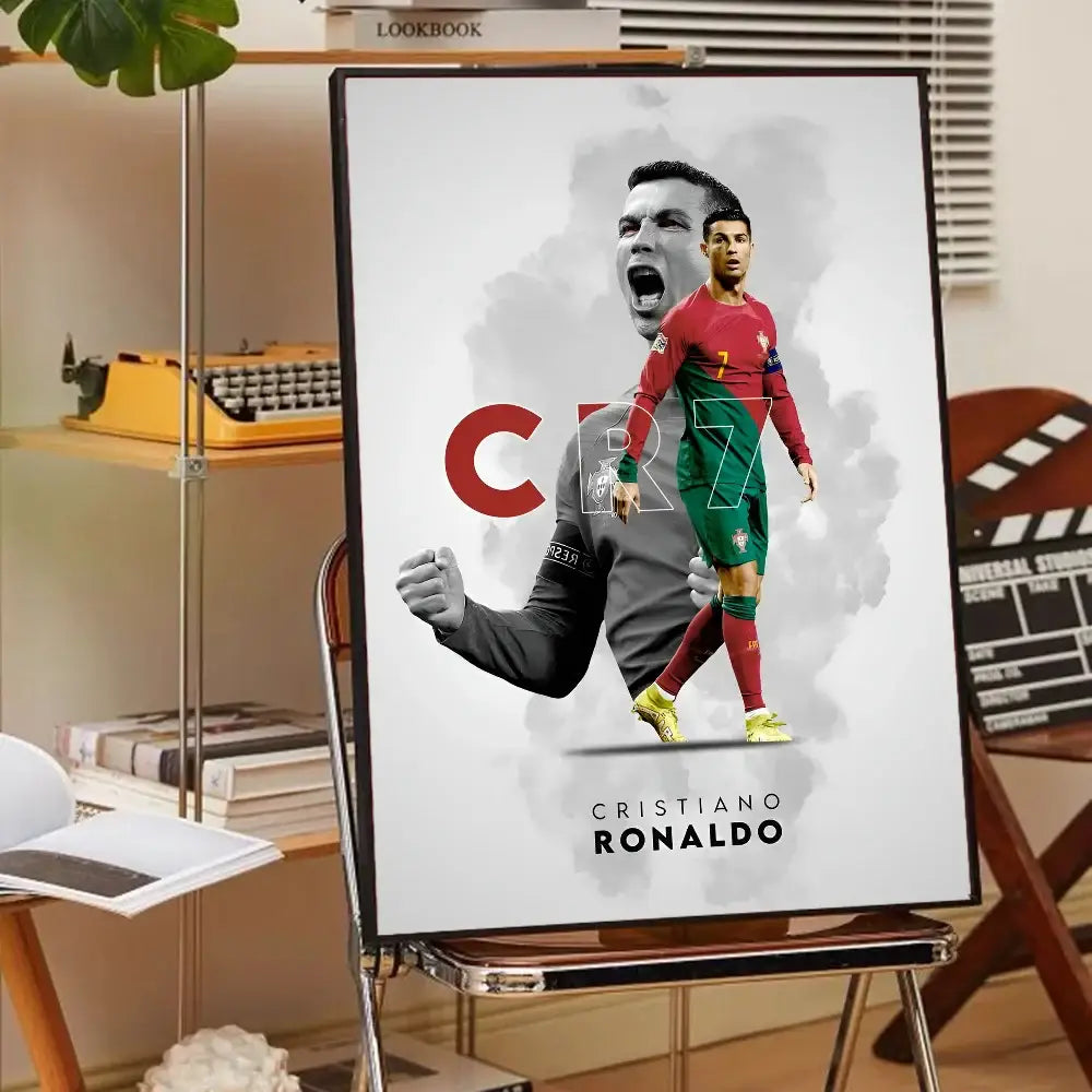 A framed DecorBites™ CR7 self-adhesive art poster of Cristiano Ronaldo in green and red portugal jersey for home decor