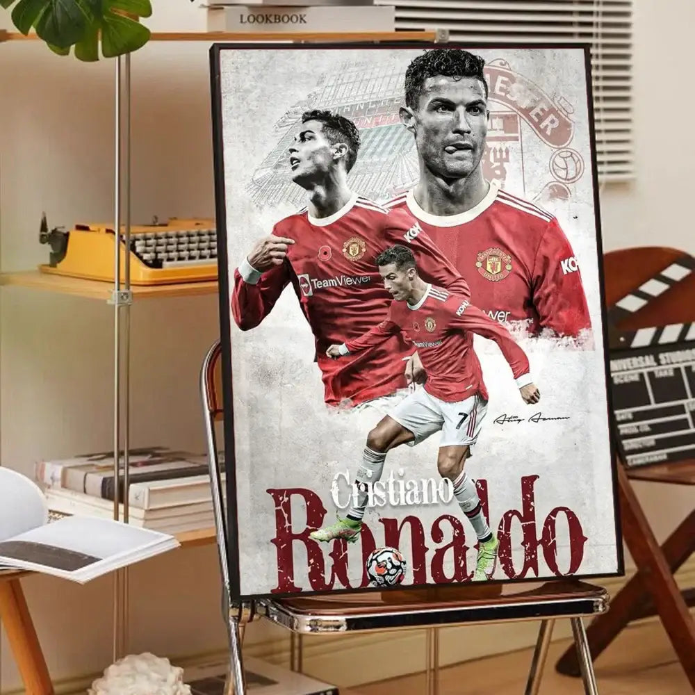 A framed red manchester united jersey cr7 self-adhesive art poster by decorbites for stylish home decor