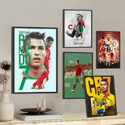 A framed red and green cr7 self-adhesive art poster featuring cristiano ronaldo for home decor by DecorBites™