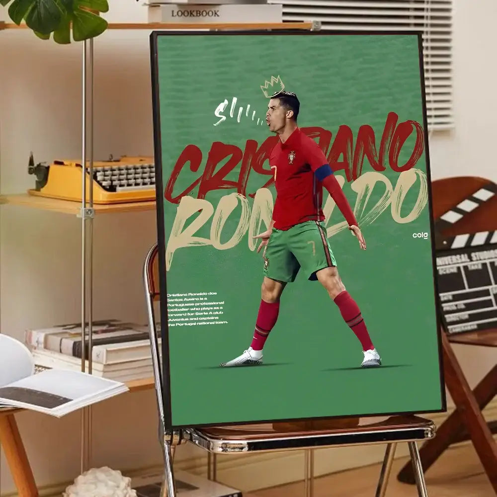 Green-framed cr7 self-adhesive art poster featuring cristiano ronaldo in portugal jersey for home decor