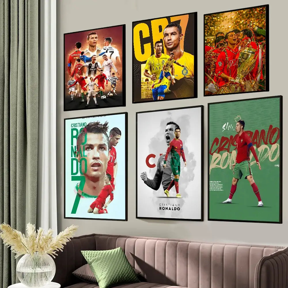 Set of six framed cristiano ronaldo cr7 self-adhesive art posters with vibrant colors for home decor wall display