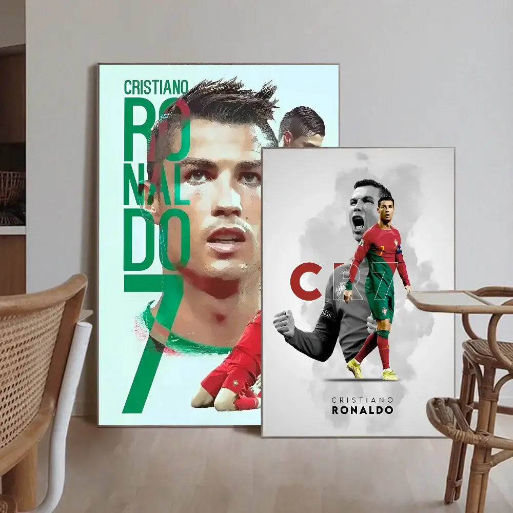 Two framed decorbites™ cr7 self-adhesive art posters featuring cristiano ronaldo in green and portugal jersey for home decor