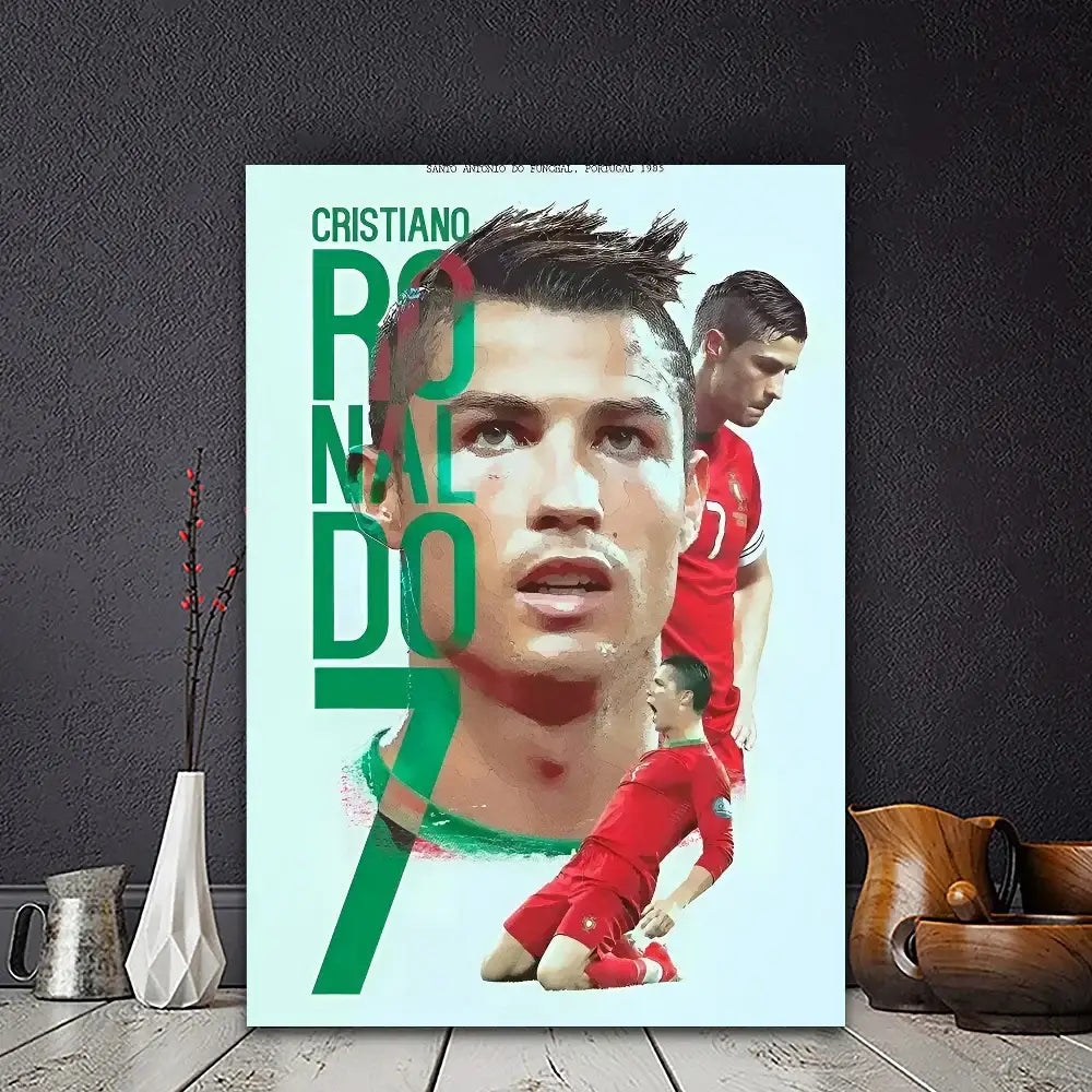 A vibrant green and white cr7 self-adhesive art poster featuring cristiano ronaldo number 7 for home decor
