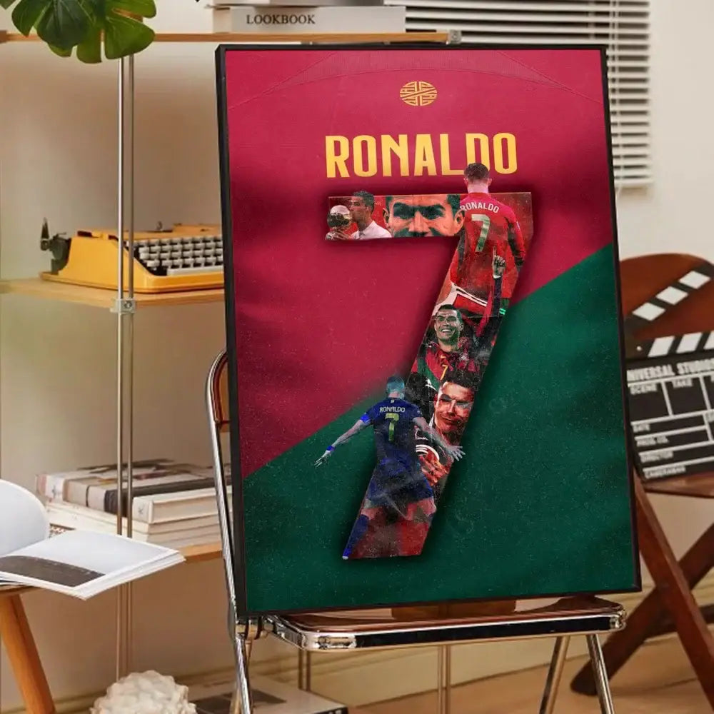 A vibrant red and green framed cr7 self-adhesive art poster featuring number 7 with cristiano ronaldo images for home decor