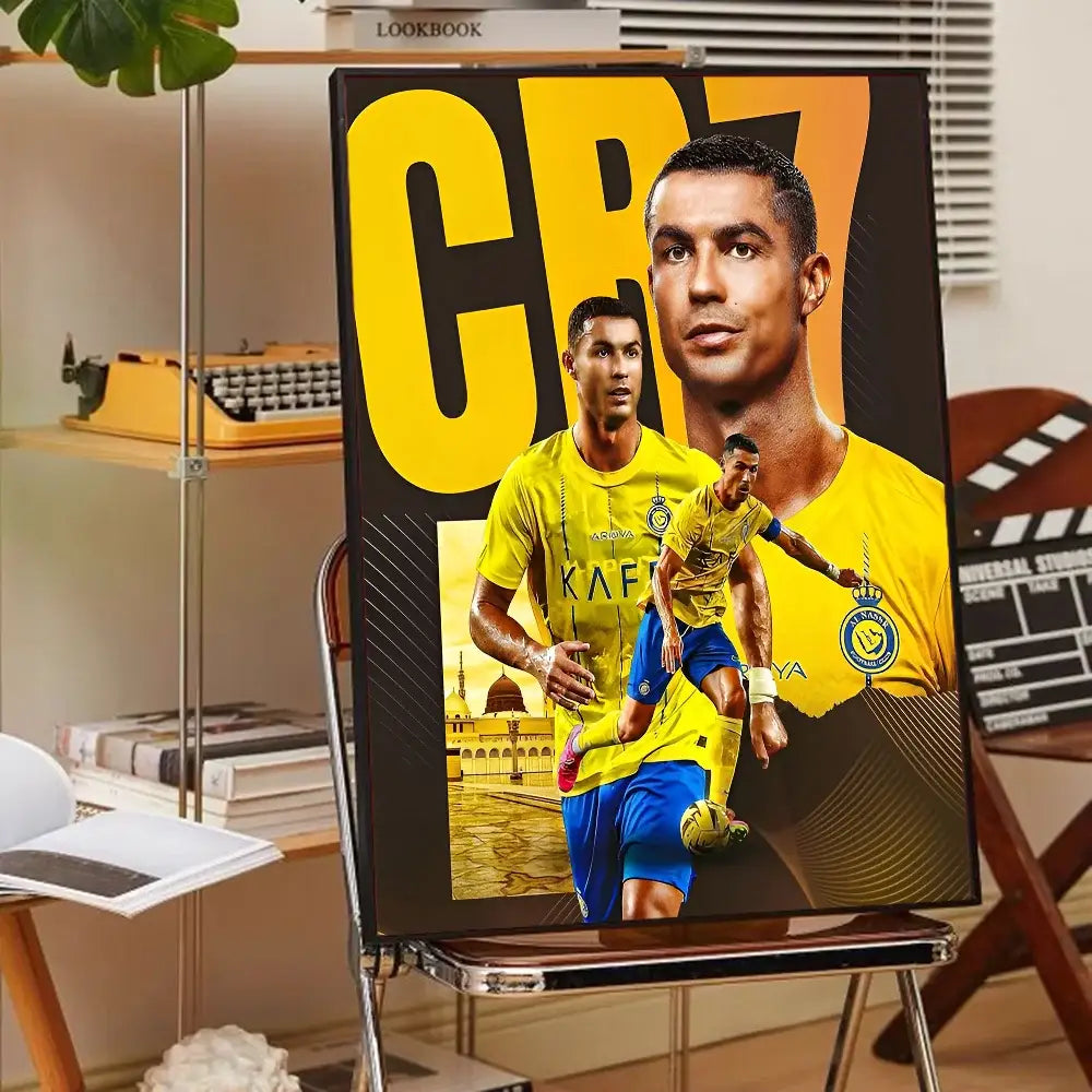 Yellow and black canvas art poster featuring cristiano ronaldo in yellow jersey on easel for home decor cr7 self-adhesive art