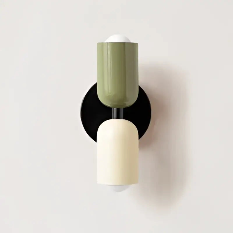 Decorbites cream double head wall lamp in olive green and cream with black circular base for bedroom lighting