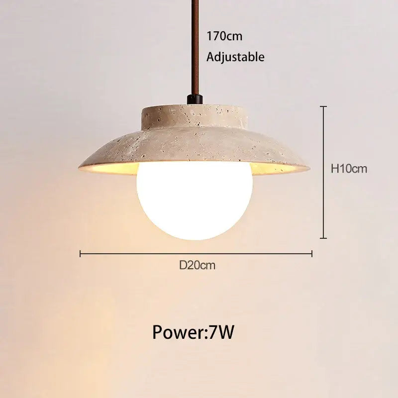 Decorbites cream stone pendant lamp with textured beige concrete and spherical white glass bulb for bedroom lighting