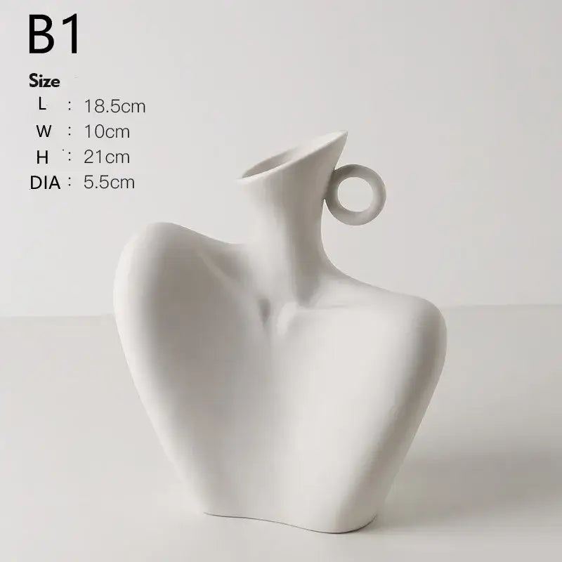 A sleek white ceramic human vase with sculpted torso and circular handle for home decor by DecorBites™