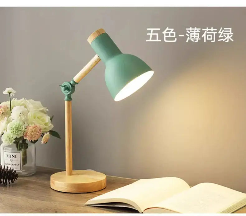 Decorbites creative nordic table lamp mint green with wooden arm base adjustable head for bedside and study lighting