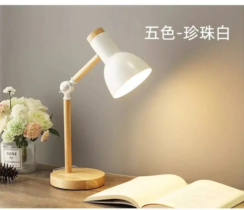 White ceramic creative nordic table lamp with wooden base and adjustable head for focused reading light