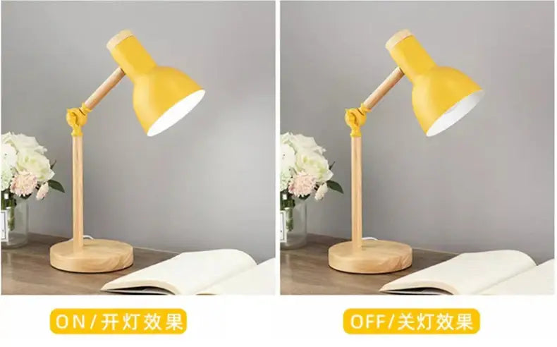 Yellow creative nordic table lamp with wooden base and arm featuring matte metal shade for bedside or study use