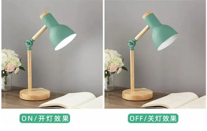 Teal metal nordic table lamp with wooden base and arm for bedside desk use eye protection reading light