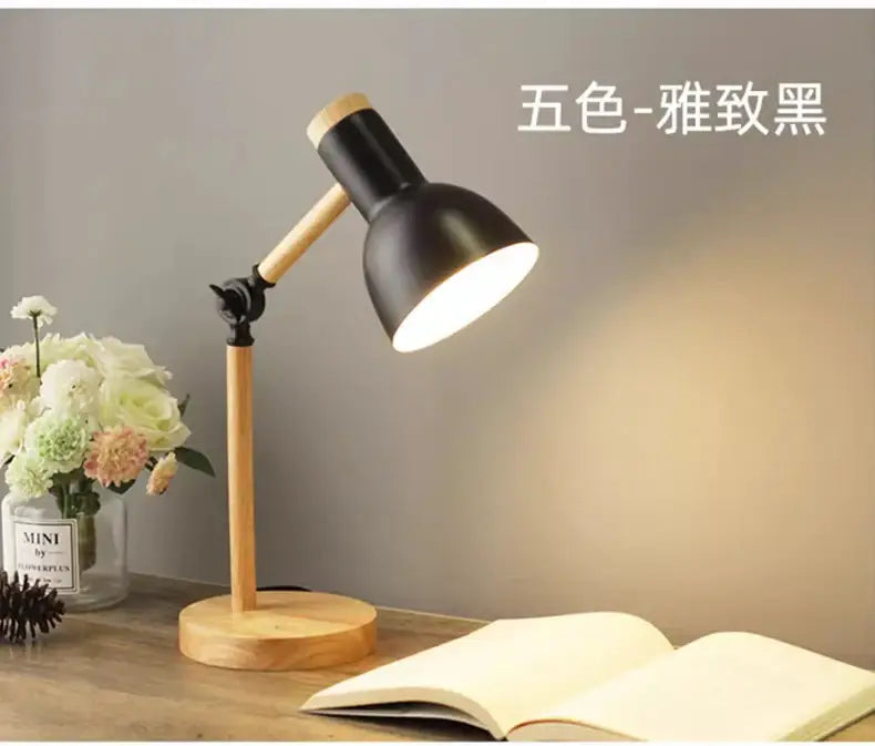 Black metal creative nordic table lamp with wooden base and articulated arm for bedside and study use