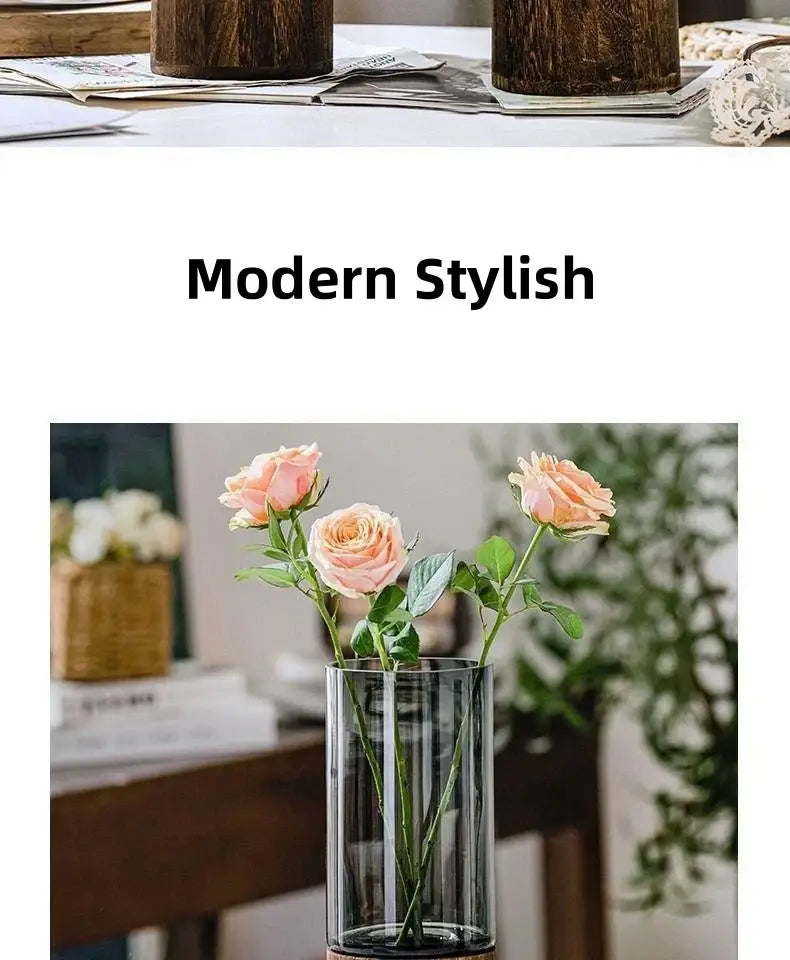 DecorBites™ creative retro glass vase with clear cylindrical glass and dark wooden base holding pink roses for living room