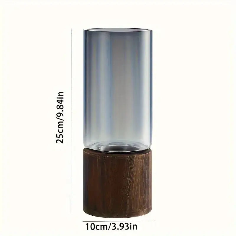 Decorbites™ creative retro glass vase for living room with tall cylindrical primary color glass and dark brown wooden base