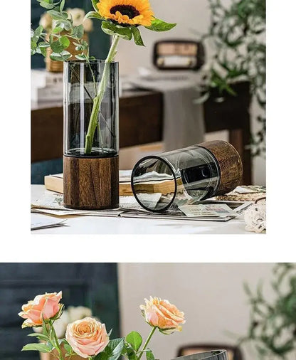 Decorbites™ creative retro glass vase with dark wood base and sunflower in transparent glass for living room decor