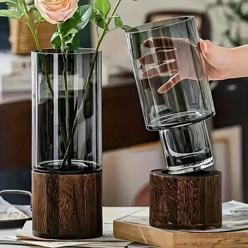Decorbites creative retro glass vases with tall sleek primary color glass and dark wood bases for living room decor