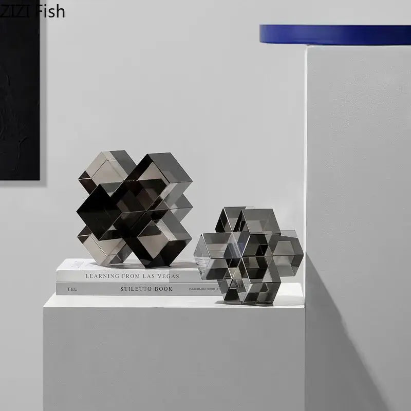 Shiny black geometric glass decorbites cross crystal sculpture with interlocking cube design for living room decor