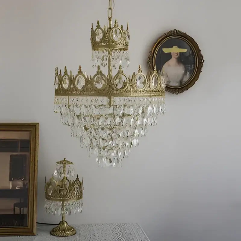 Golden ornate decorbites crown crystal chandelier with cascading crystal droplets for bedroom pendant lighting
