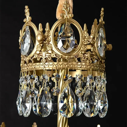 Decorbites crown crystal gold chandelier pendant light with clear crystal teardrops and ornate filigree detailing for bedroom