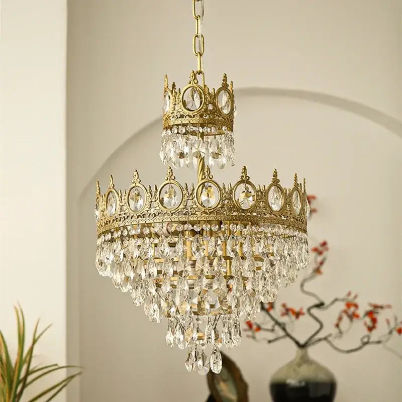 Gold-toned decorbites crown crystal chandelier pendant light with clear crystal droplets for bedroom lighting