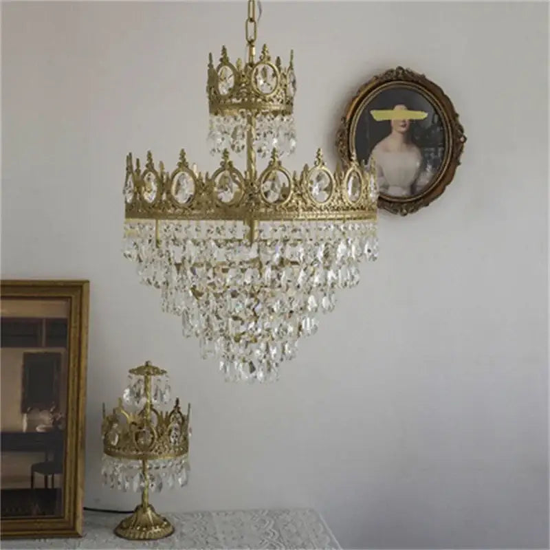 A decorbites crown crystal chandelier gold pendant light with cascading clear crystal droplets for bedroom decor