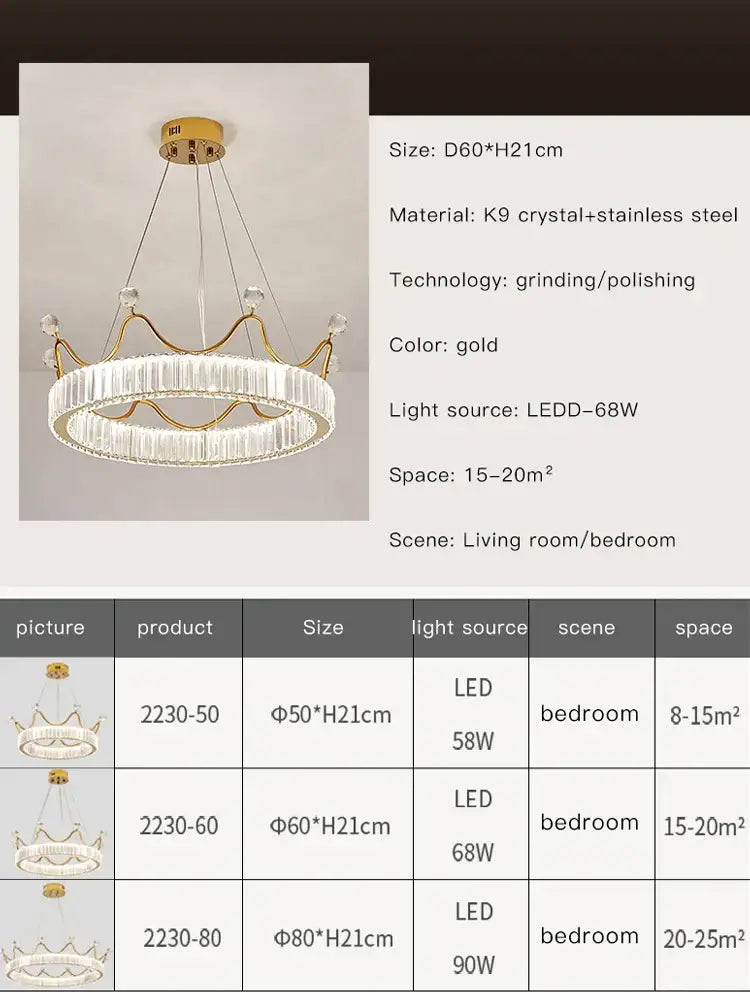Gold decorbites crown petal led crystal chandelier with k9 crystals and stainless steel for elegant bedroom lighting