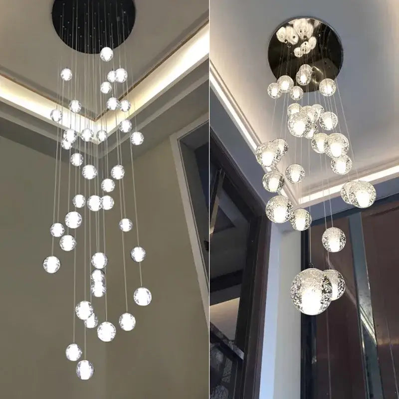 Modern decorbites crystal ball chandelier with cascading glass orbs and black circular mount for dining room lighting