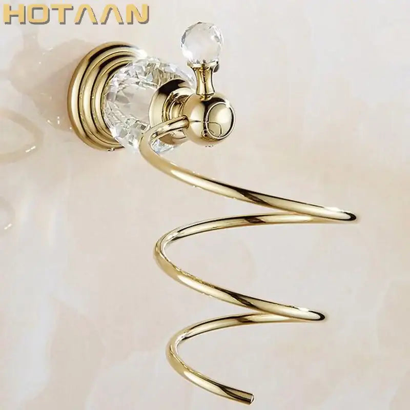 Gold-toned spiral stand with crystal accents and polished brass finish for Decorbites crystal bathroom hair dryer holder