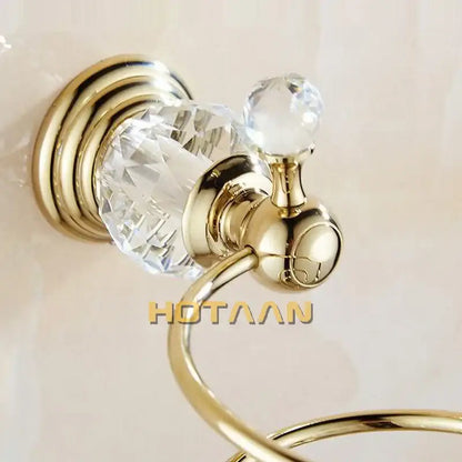 Gold-toned towel ring with faceted crystal accents and polished finish for decorbites crystal bathroom hair dryer spiral stand
