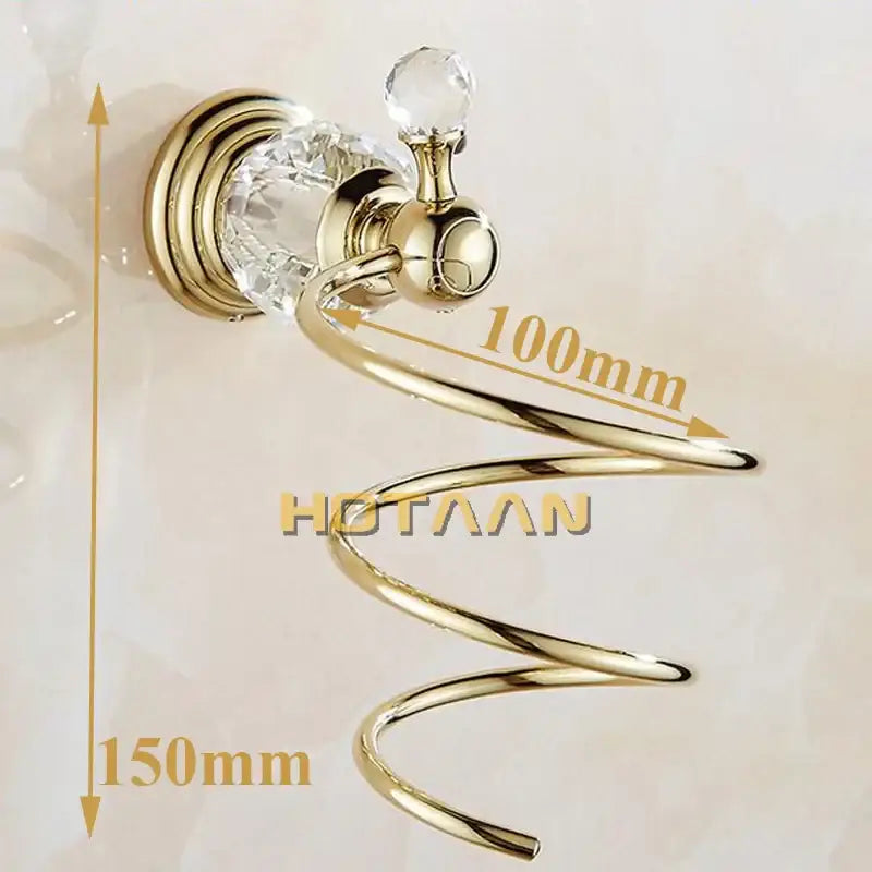 Gold-toned decorbites crystal bathroom spiral stand hair dryer holder with crystal accents and polished metallic finish