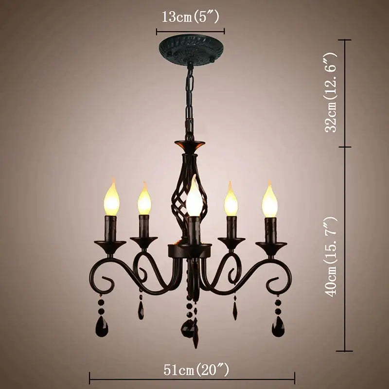 Black wrought iron decorbites crystal black chandelier with five candle style bulbs and dangling crystal droplets for dining room